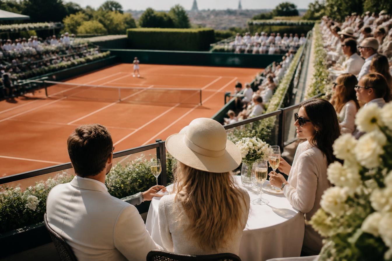 Guests with champagne at white-linen tables on a terrace overlooking a red clay tennis court