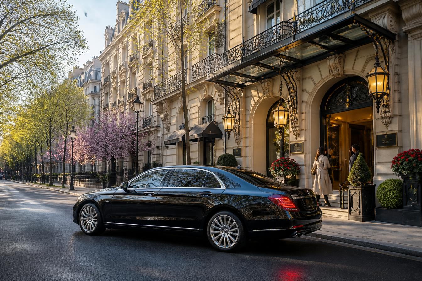 Chauffeured black sedan waiting outside an elegant Haussmann-style Paris hotel entrance in spring