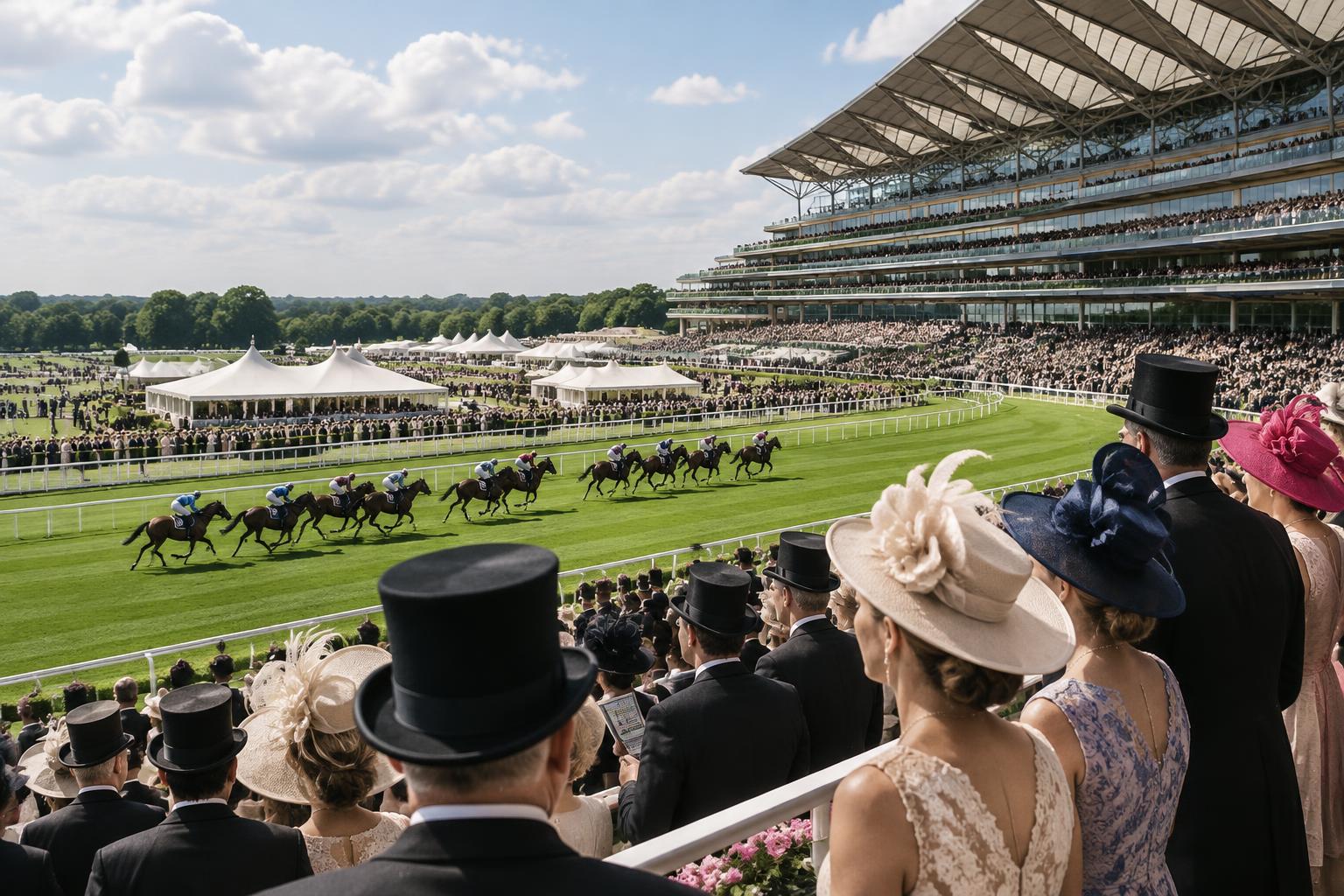 Thoroughbred horses racing past formally dressed guests at Royal Ascot