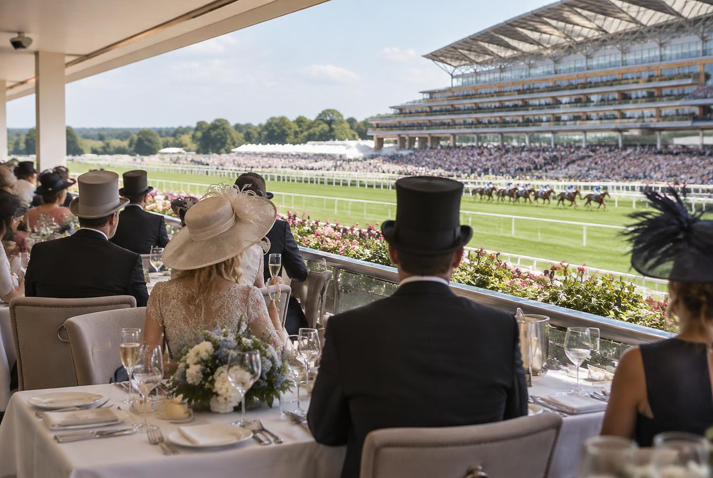 Fine-dining racecourse hospitality overlooking the track at Royal Ascot