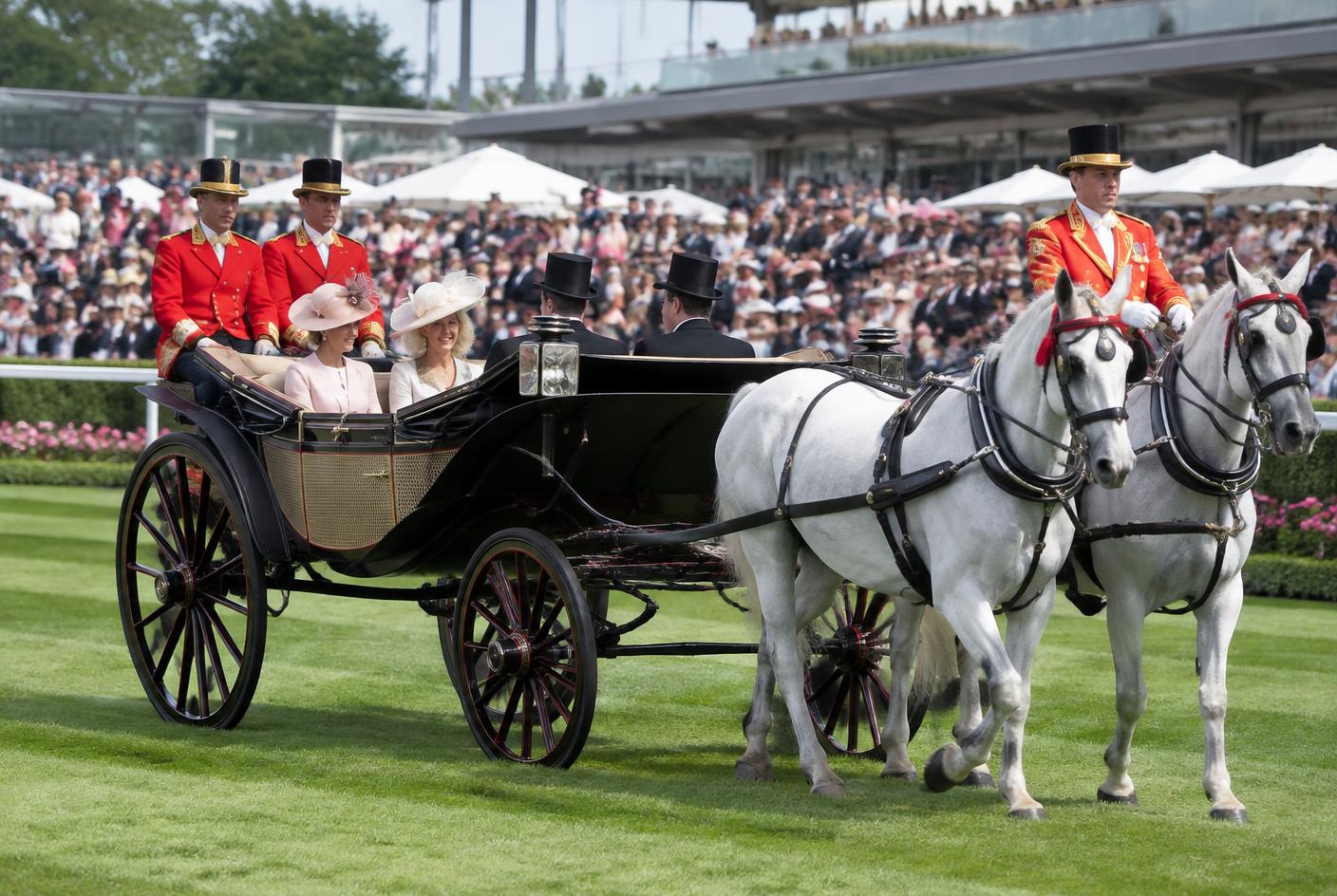 Ceremonial horse-drawn carriage procession at Royal Ascot