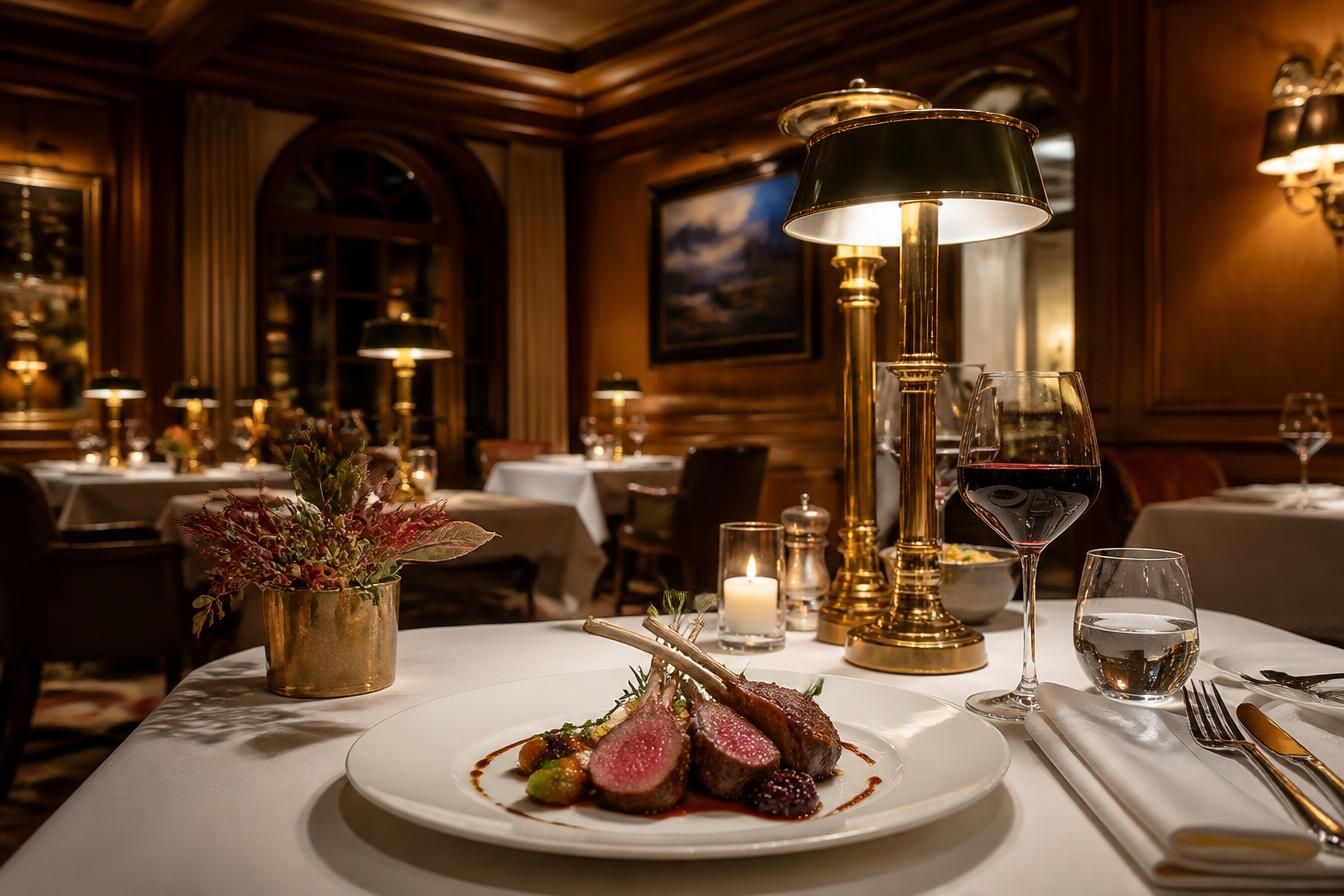 Wood-panelled Swiss hotel restaurant with white linen, brass lamps and a plated fine-dining main course