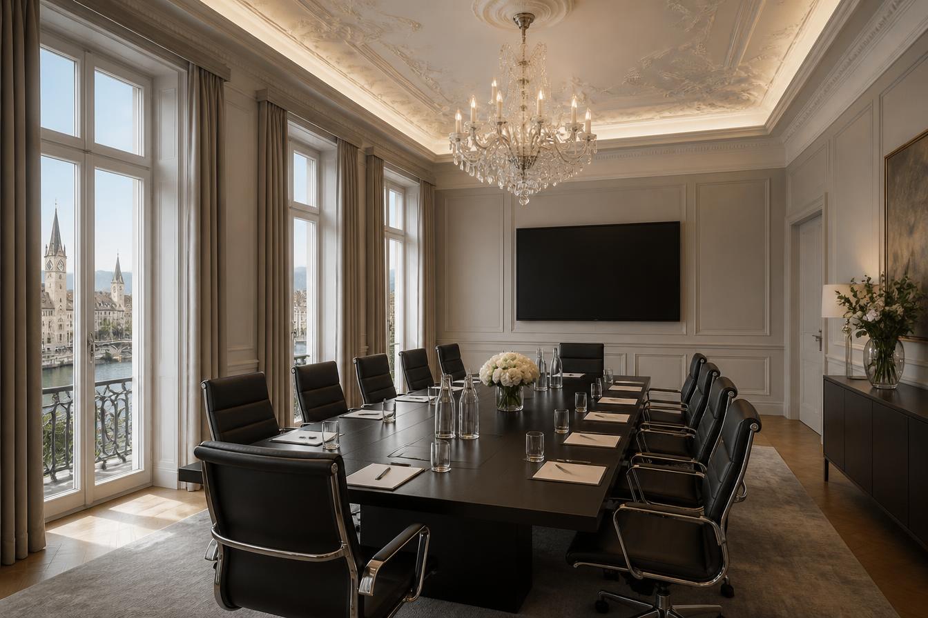 Elegant hotel meeting salon with chandelier, boardroom table and tall windows over Zürich