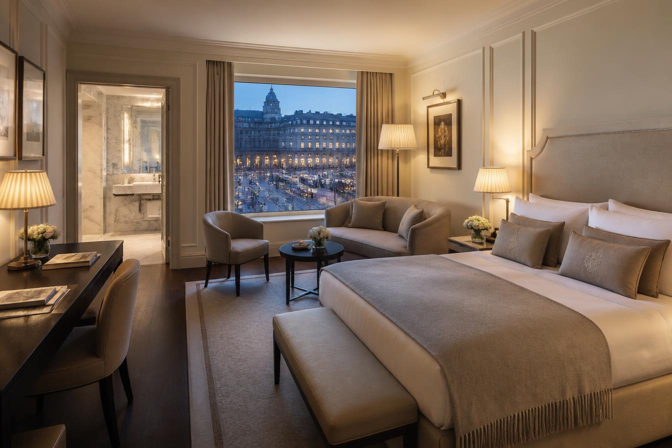 Classic-contemporary five-star hotel room in Zürich with cream tones and a window over the station square