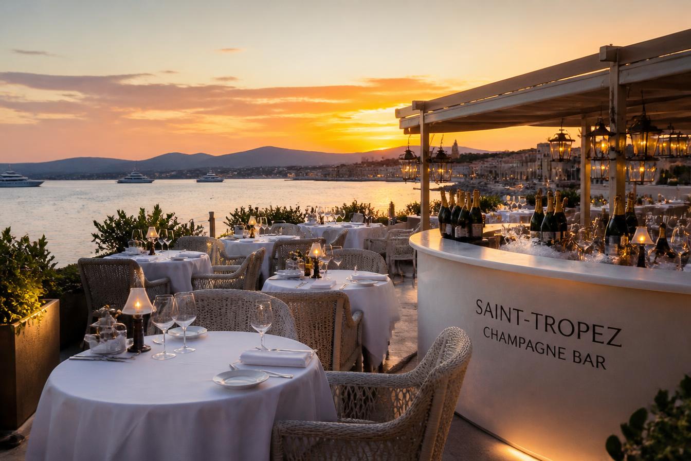 Saint-Tropez terrace restaurant and champagne bar at sunset over the bay