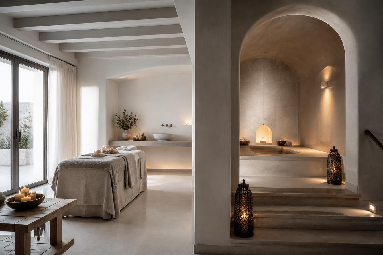 Calm white stone spa with treatment table, hammam and candlelight at a Saint-Tropez hotel