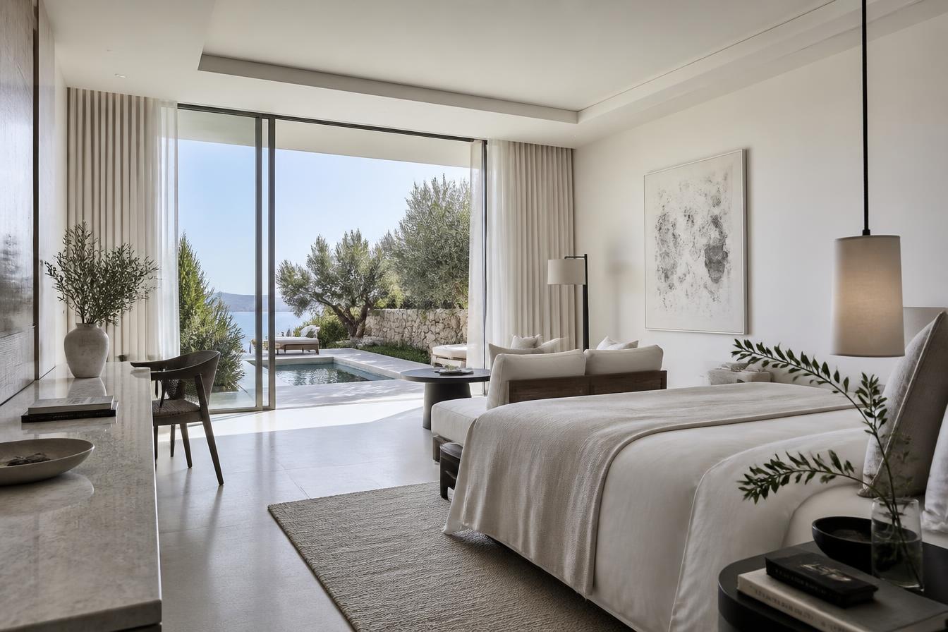 Minimalist white and grey suite with glass doors onto a private garden terrace and plunge pool